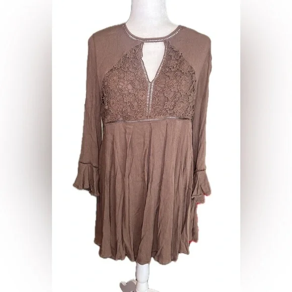 Entro Brown Boho Bell Sleeve Mini Dress or Tunic Shirt Size L Large - Picture 3 of 11